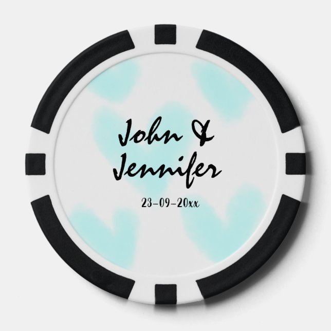 white simple minimal text style wedding blue heart poker chips (Front)