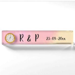 white simple minimal text style wedding pink yello nameplate
