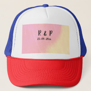 white simple minimal text style wedding pink yello trucker hat