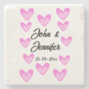 white simple minimal text style wedding pinkheart  stone coaster