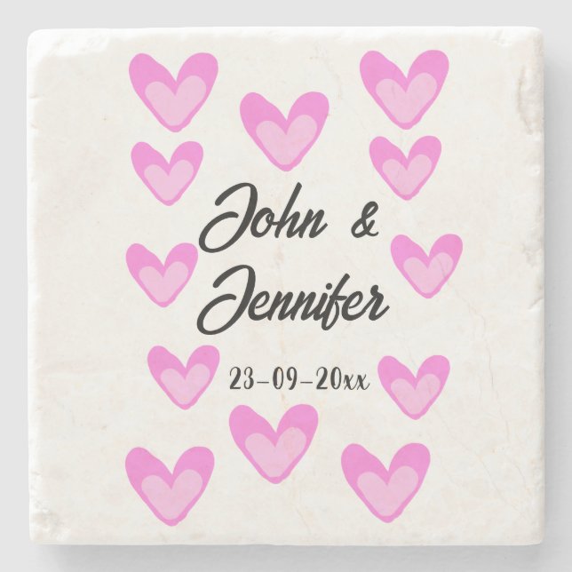 white simple minimal text style wedding pinkheart  stone coaster (Front)