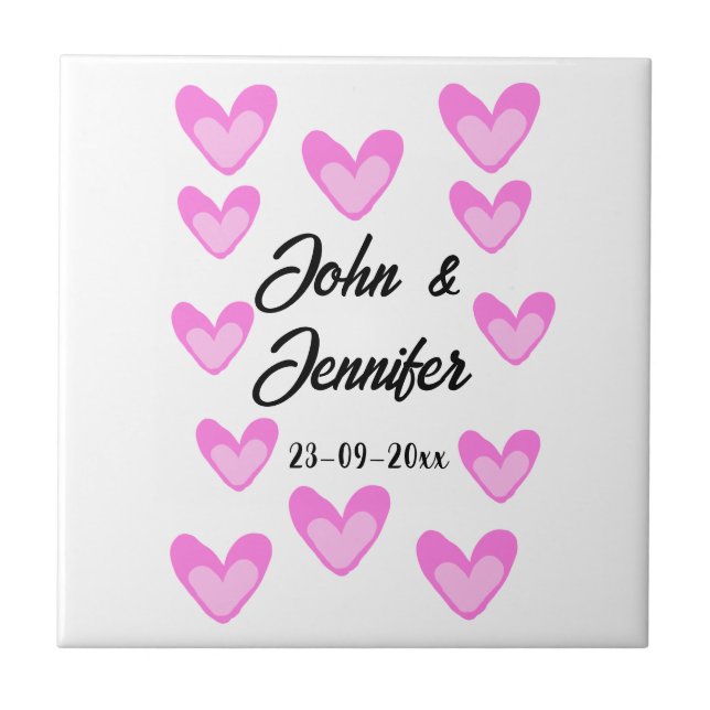 white simple minimal text style wedding pinkheart  tile (Front)