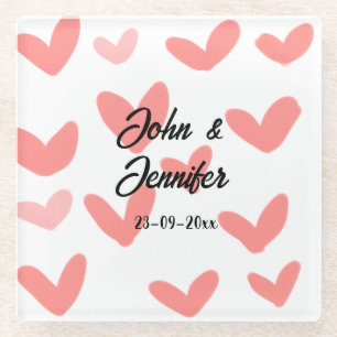 white simple minimal text style wedding red heart glass coaster