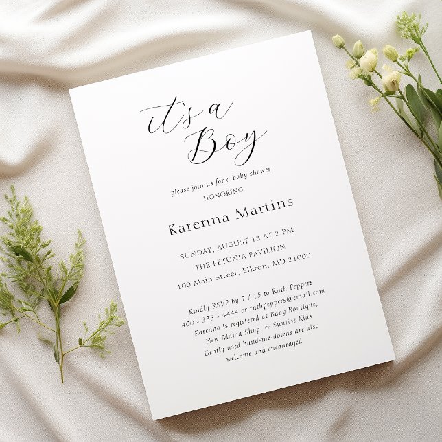 White Simple Minimalist It's a Boy Baby Shower Invitation (Creator Uploaded)