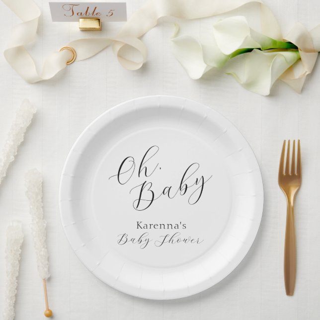 White Simple Minimalist Script Oh Baby Shower Paper Plate (Wedding)