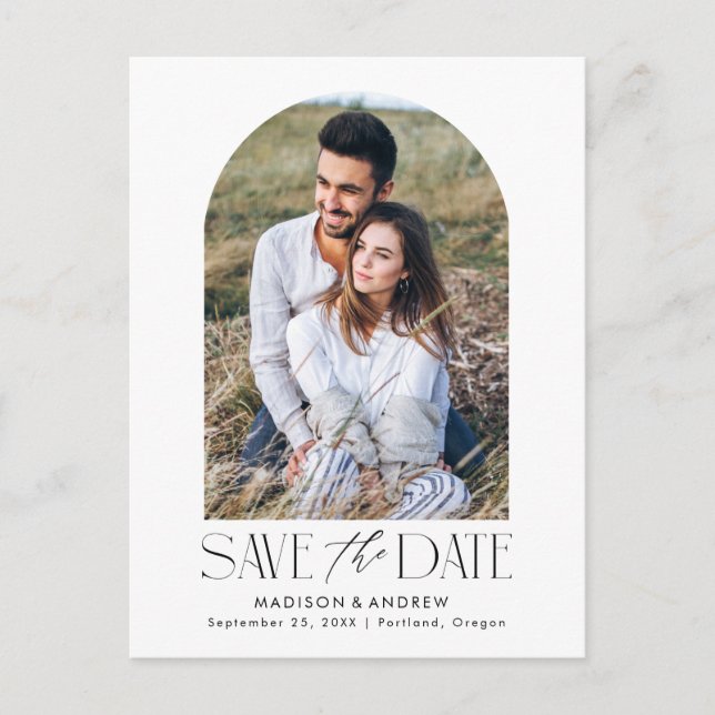 White | Simple Modern Arch Photo Save the Date Announcement Postcard (Front)