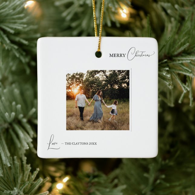 White Simple Modern Photo Merry Christmas Ceramic Ornament (Tree)