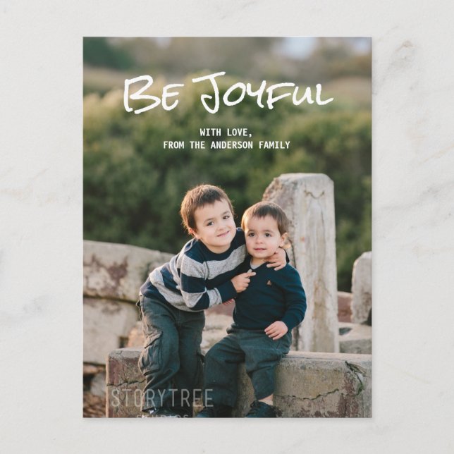 White Simple Script Be Joyful Photo Postcard (Front)