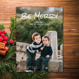 White Simple Script Be Merry Photo Flat Card