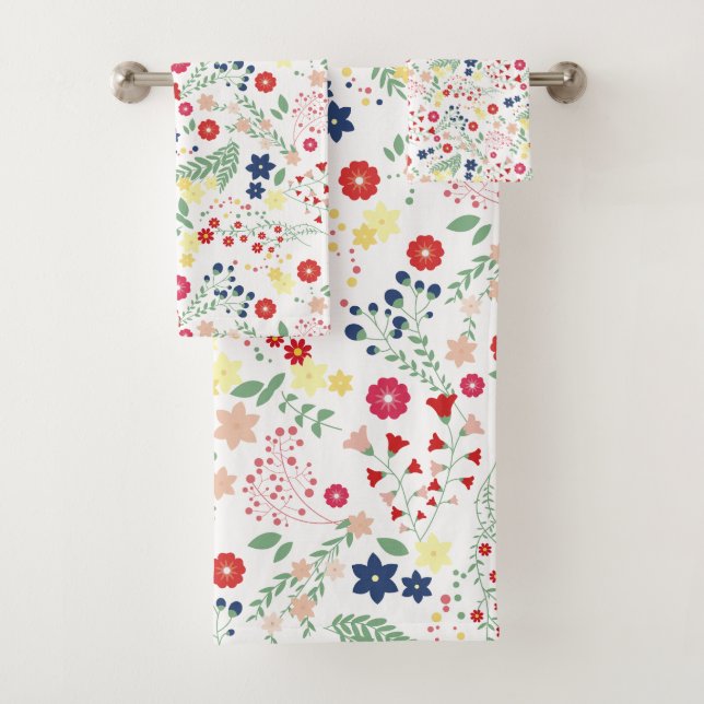 White Simple Wildflower  Pattern  Bath Towel Set (Insitu)