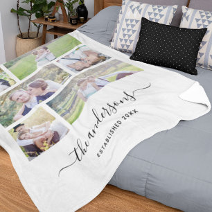 White Six Photo Collage Family Name Calligraphy Fleece Blanket