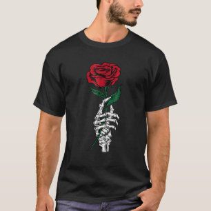 White Skeleton Hand Holding Rose Flower Funny Vale T-Shirt