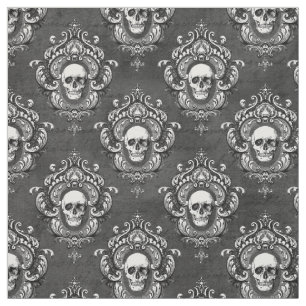 White Skull and Grey Gothic Fabric