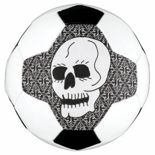 White Skull Black Eyes on Ornate Scrolled Damask Soccer Ball