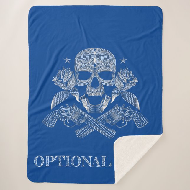 White Skull, Flowers and Guns on Blue Sherpa Blanket (Front)