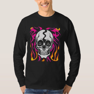 White Skull with Pink and Orange Flames Graphic De T-Shirt