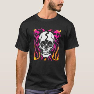 White Skull with Pink and Orange Flames Graphic T-Shirt