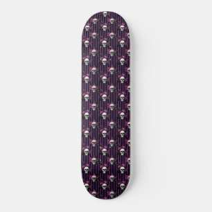 White Skulls on Purple Stripes Floral Pattern Skateboard