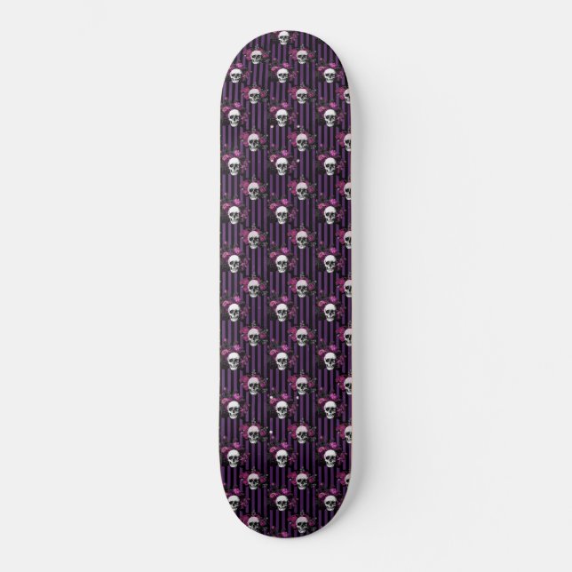 White Skulls on Purple Stripes Floral Pattern Skateboard (Front)