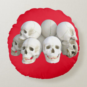 White Skulls Round Pillow, red background Cushion