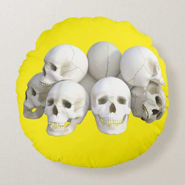 White Skulls Round Pillow, yellow background  Cushion (Front)
