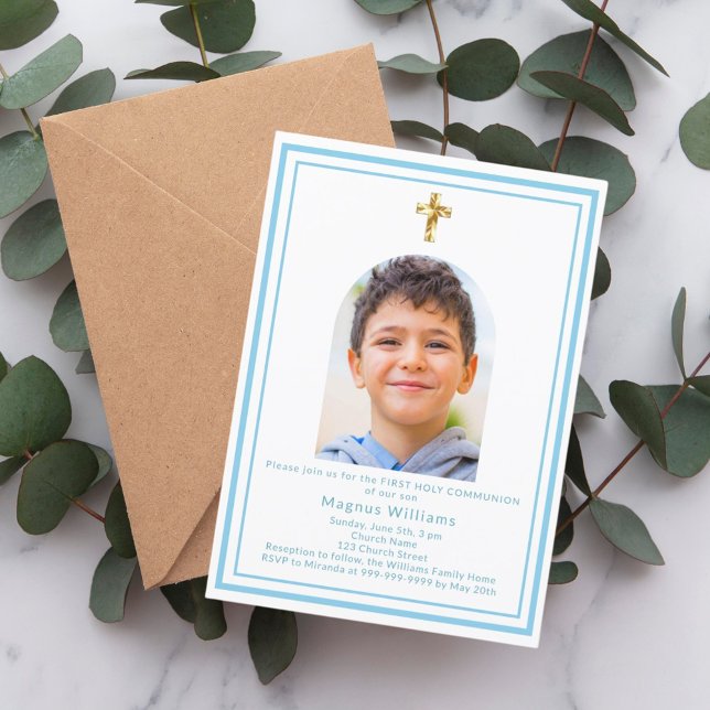 White sky blue arch photo boy First Holy Communion Invitation (Creator Uploaded)