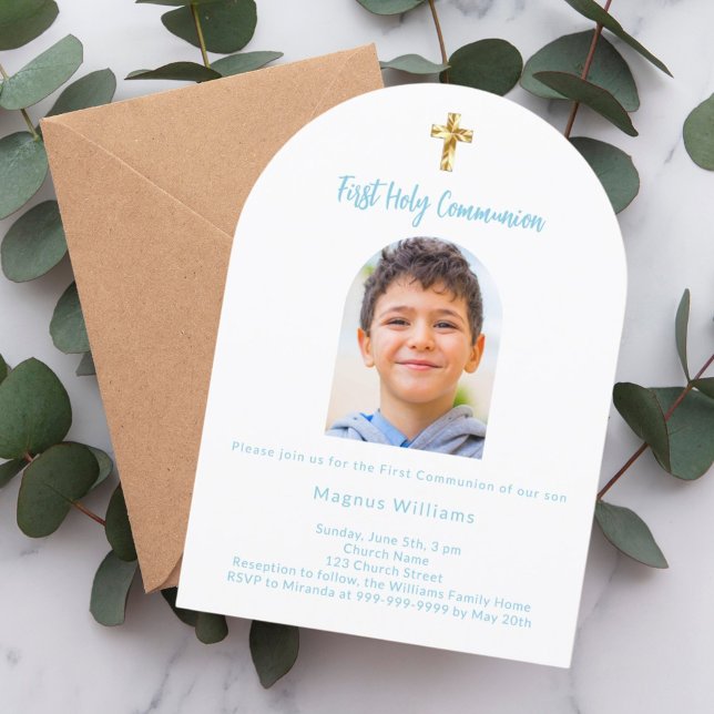 White sky blue photo arch boy First Holy Communion Invitation (Creator Uploaded)