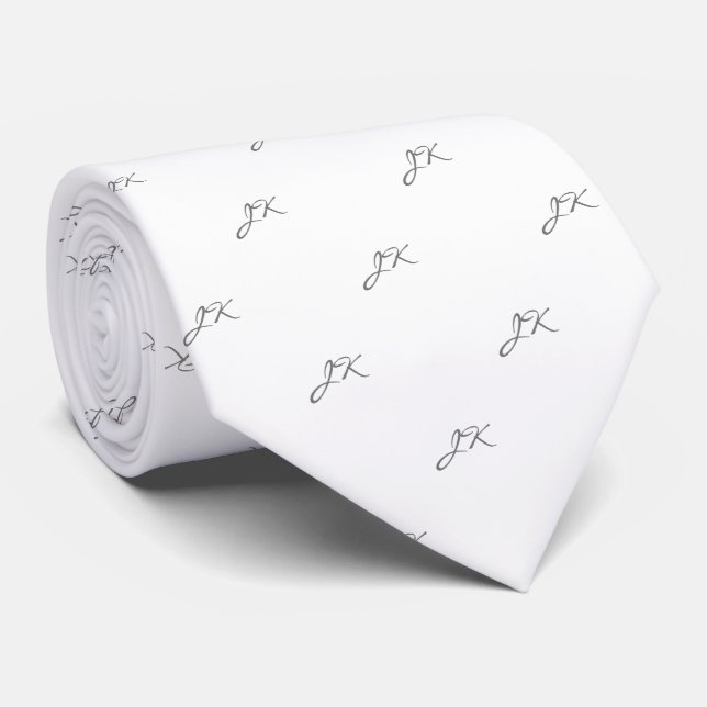 White Slate Grey Script Pattern Monogram Tie (Rolled)