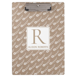 White small flowers pattern and monogram rustic clipboard