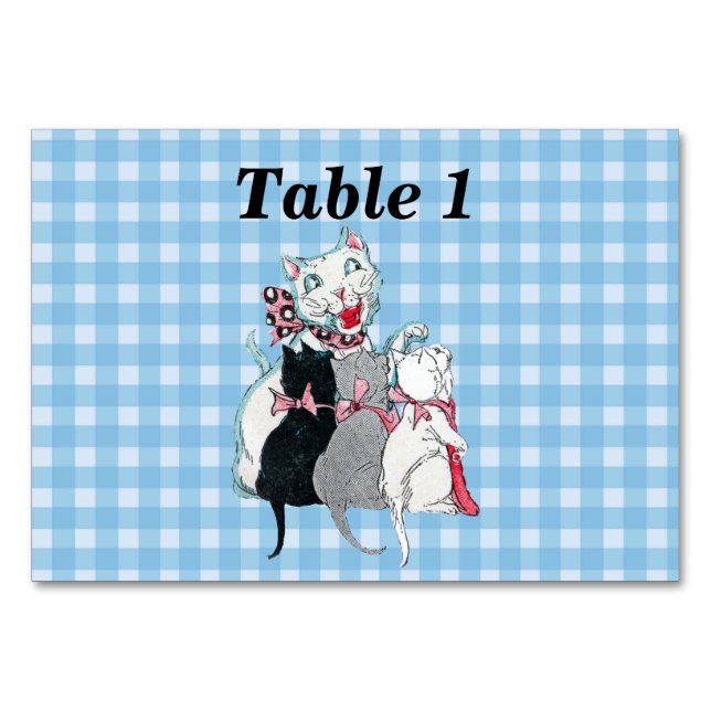 White Smiling Mother Cat Three Kittens on Plaid Table Number (Front)