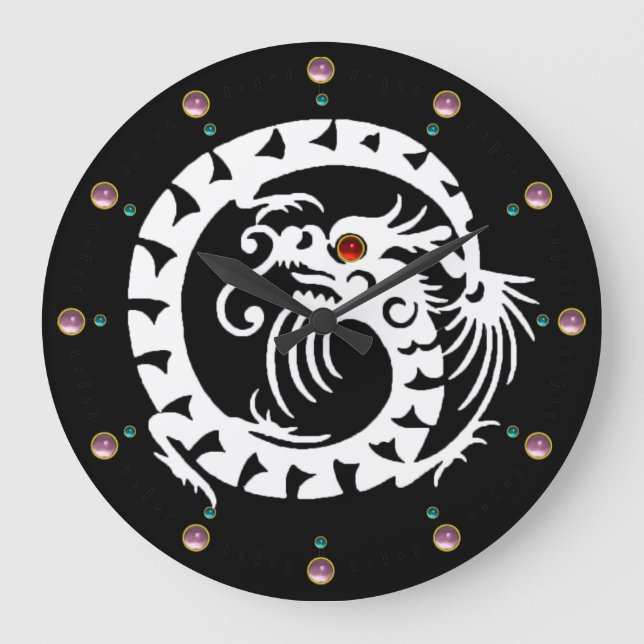 WHITE SNAKE DRAGON IN BLACK ,PINK GEMSTONES LARGE CLOCK (Front)