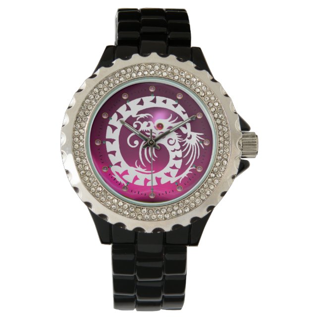 WHITE SNAKE DRAGON Pink Purple Amethyst Gem Stones Watch (Front)