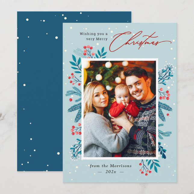 White Snow Christmas Floral Pine Leaves Photo Holiday Card (Front/Back)