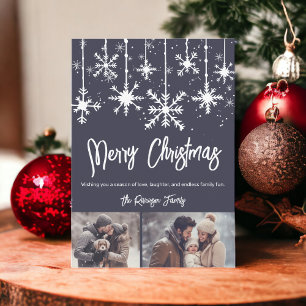 White snow elegant blue merry christmas 2 photos holiday card
