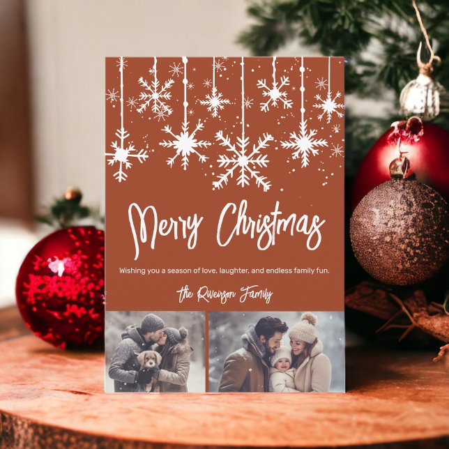 White snow elegant boho merry christmas 2 photos holiday card (White snow elegant boho merry christmas 2 photos holiday card)
