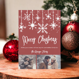 White snow elegant red merry christmas 2 photos holiday card