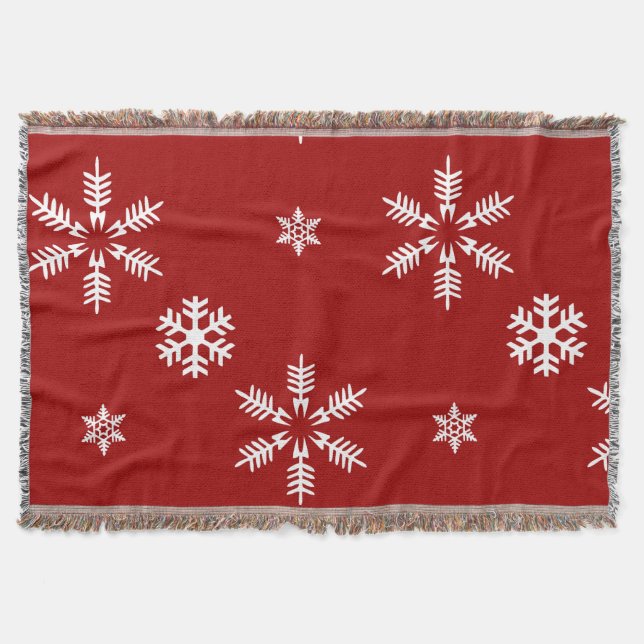 White Snow Flakes Red Background Pattern Christmas Throw Blanket (Front)