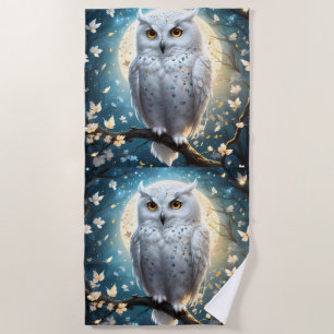 White Snow Owl With Sparkle, Beach Towel