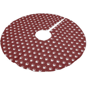 White snow stars, snowflakes - Burgundy, wine, red Brushed Polyester Tree Skirt