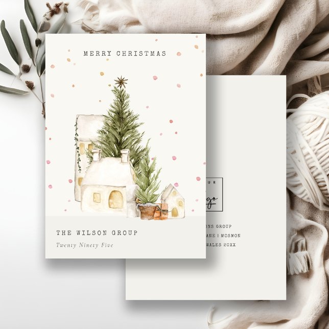 White Snow Tree Houses Logo Christmas Greetings Holiday Card (Creator Uploaded)