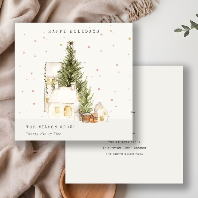 White Snow Tree Houses Logo Seasons Greetings Holiday Card (Creator Uploaded)