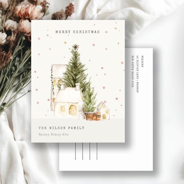 White Snow Tree Houses Merry Christmas Greetings Holiday Postcard (Creator Uploaded)