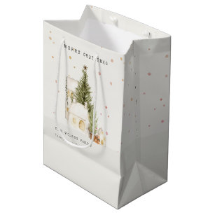 White Snow Tree Houses Merry Christmas Greetings Medium Gift Bag