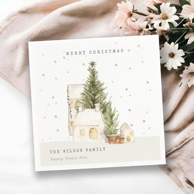 White Snow Tree Houses Merry Christmas Greetings Napkin (Creator Uploaded)