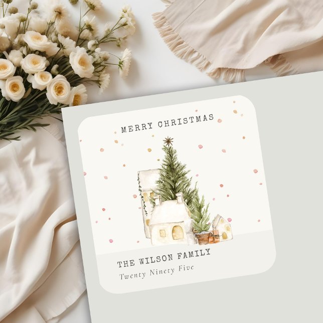 White Snow Tree Houses Merry Christmas Greetings Square Sticker (Creator Uploaded)