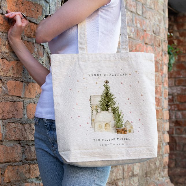 White Snow Tree Houses Merry Christmas Greetings Tote Bag (Creator Uploaded)
