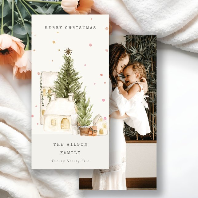 White Snow Tree Houses Photo Christmas Greetings Holiday Card (Creator Uploaded)