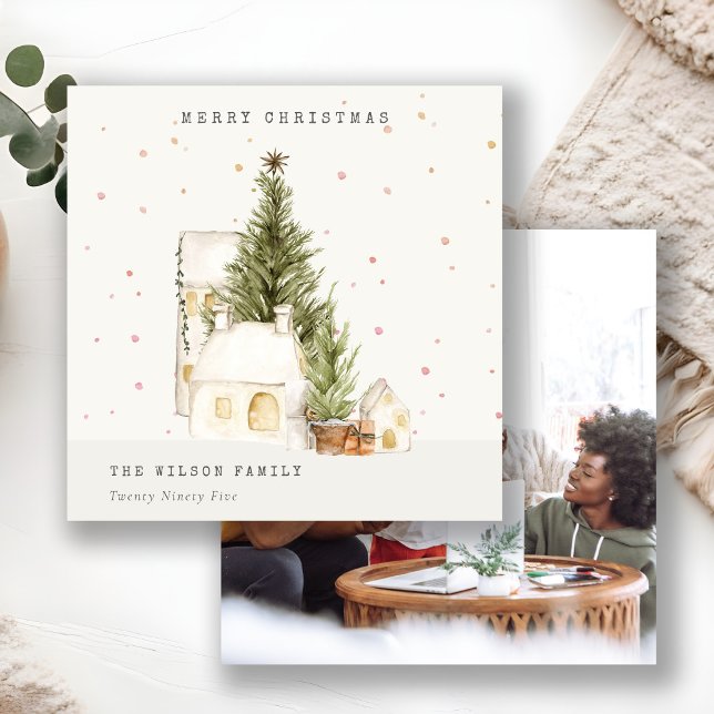 White Snow Tree Houses Photo Christmas Greetings Holiday Card (Creator Uploaded)