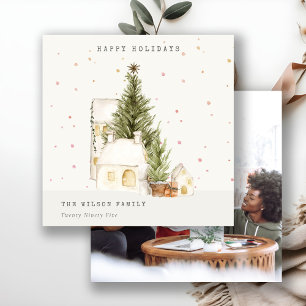 White Snow Tree Houses Photo Seasons Greetings Holiday Card