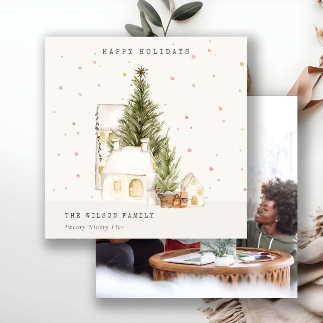White Snow Tree Houses Photo Seasons Greetings Holiday Card (Creator Uploaded)